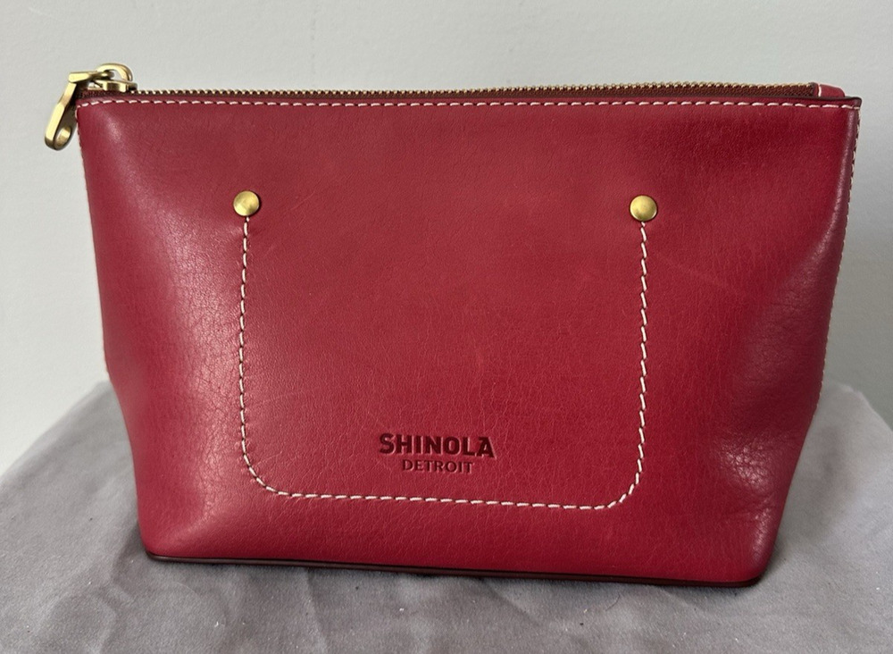 Shinola The Pocket Cosmetic Bag Leather Red Clutch Exposed Zipper